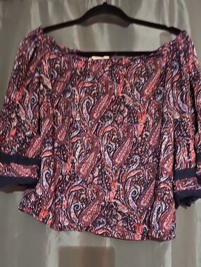Solitaire Navy and Coral Paisley Off-Shoulder Blouse